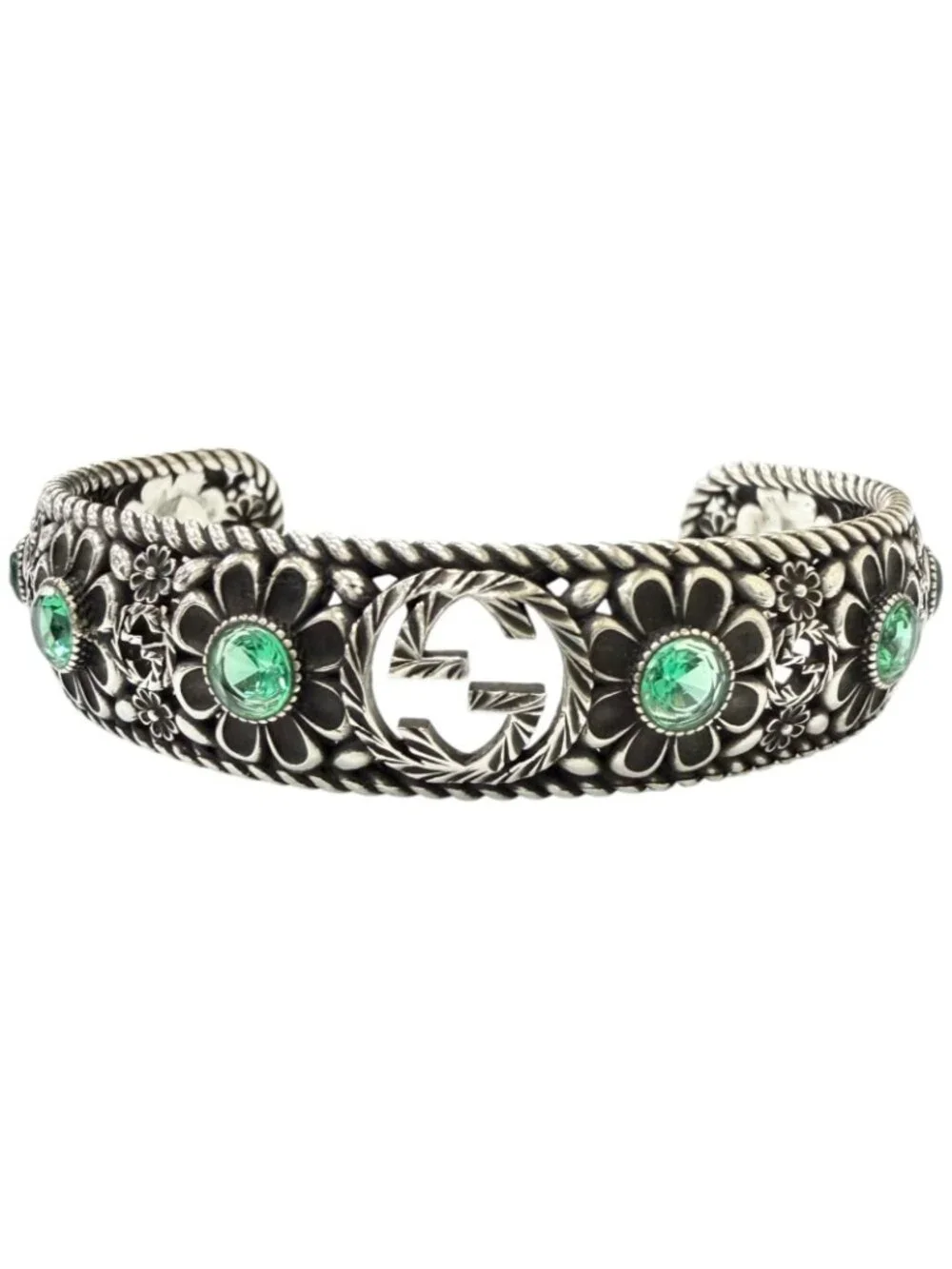 Gucci Rhinestone Crystal Floral Interlocking G Bangle Silver Green 16 Bracelet
